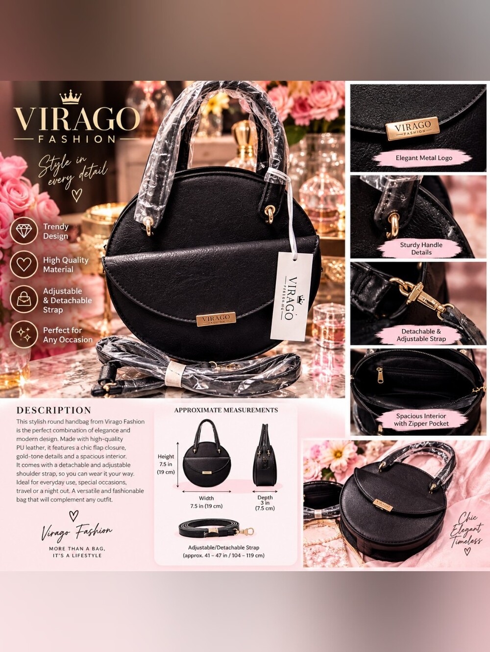 Black Round Handbag with Detachable Strap "NEW"